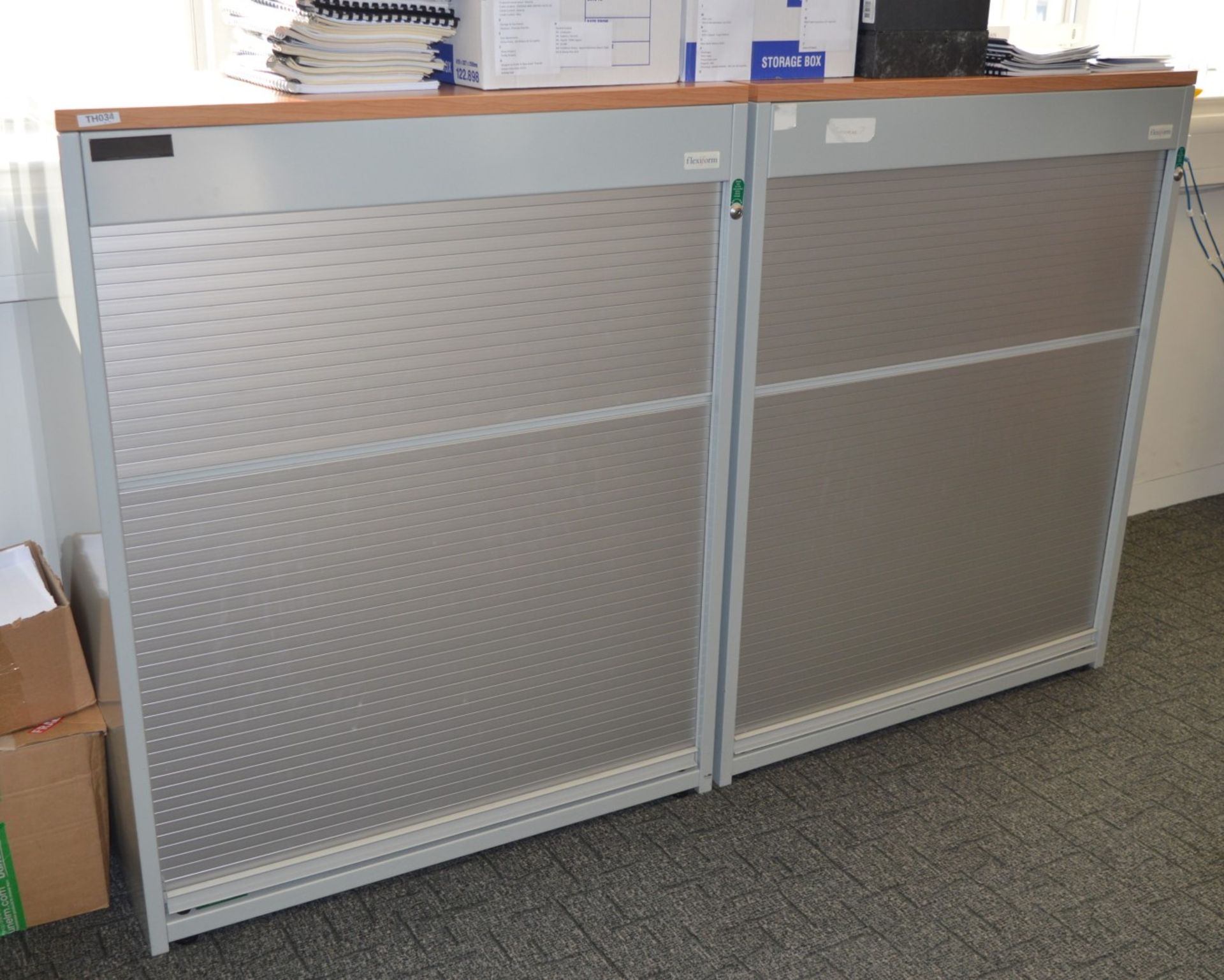 2 x Flexiform Tambour Door Office Filing Cabinets - Grey and Beech Finish - High Quality Office