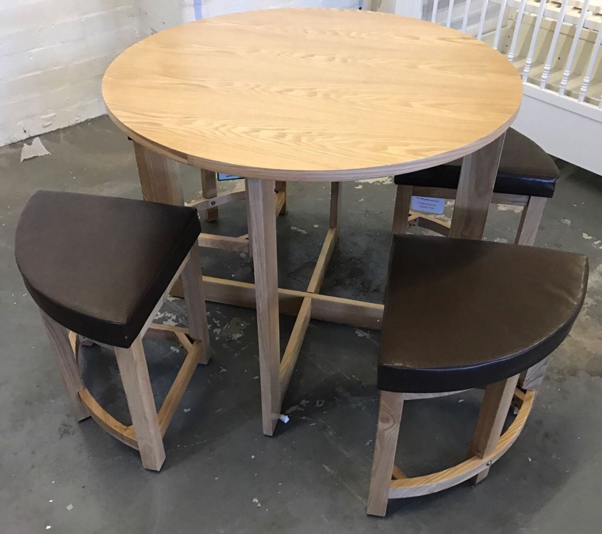 Oak Ash Veneer Stowaway Dining Table with 4 Brown Faux Leather Padded Stools - CL185 - Ref:OakSW - L - Image 2 of 9