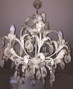 2 x Pendant Chandeliers - Both With Ornate Metal Leaf Design In Cream and Clear Droplet Detail -