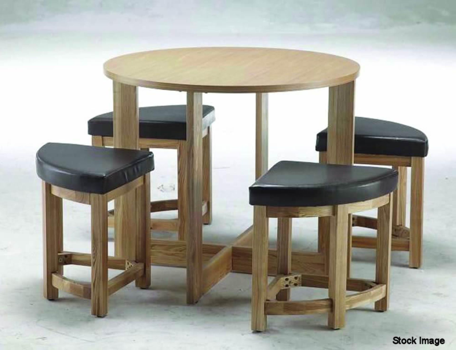 Oak Ash Veneer Stowaway Dining Table with 4 Brown Faux Leather Padded Stools - CL185 - Ref:OakSW - L - Image 3 of 9