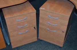 2 x Three Drawer Pedestals - Beech Finish With Castors - CL400 - Ref 085 - Location: Manchester