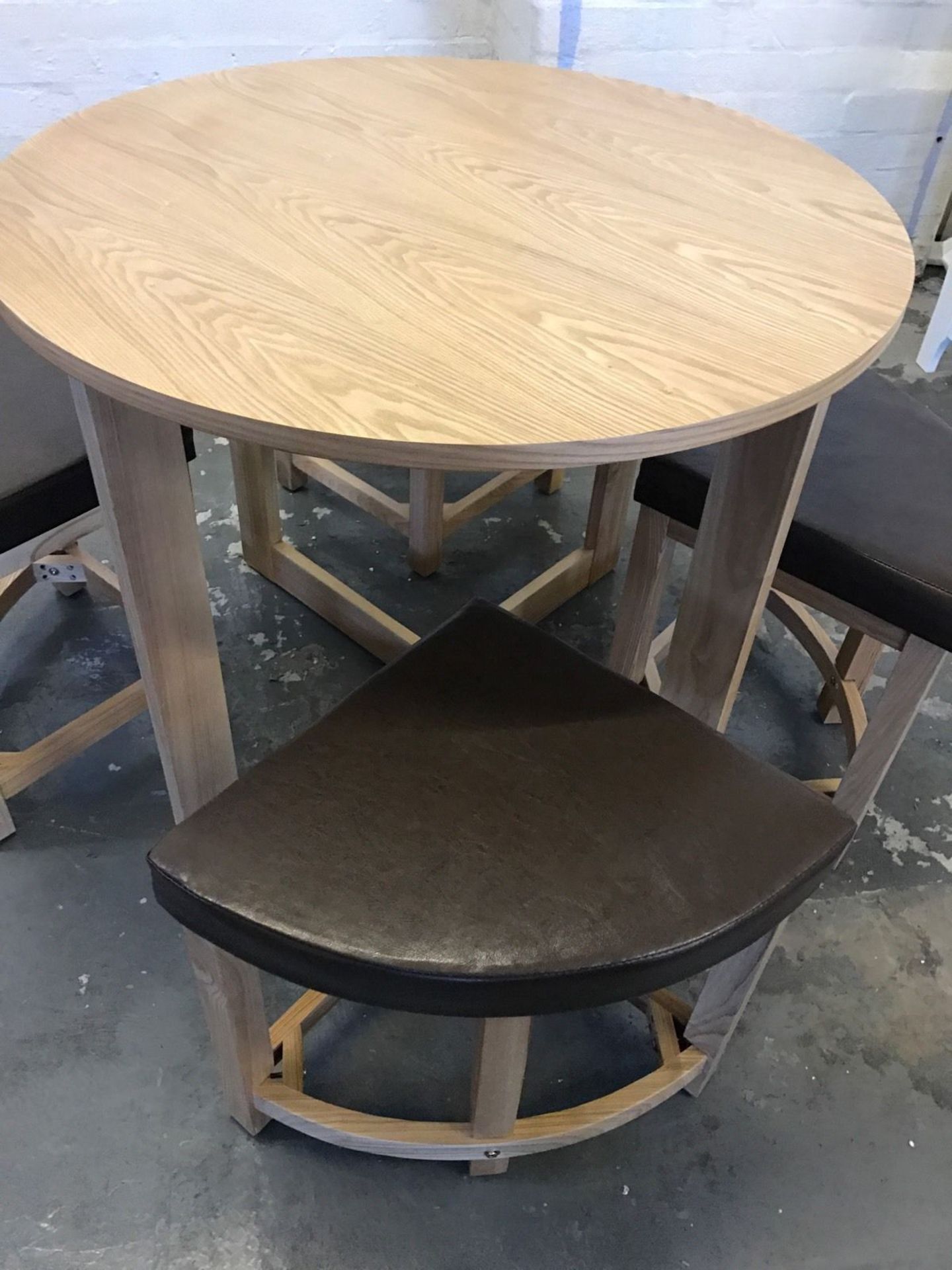 Oak Ash Veneer Stowaway Dining Table with 4 Brown Faux Leather Padded Stools - CL185 - Ref:OakSW - L - Image 6 of 9