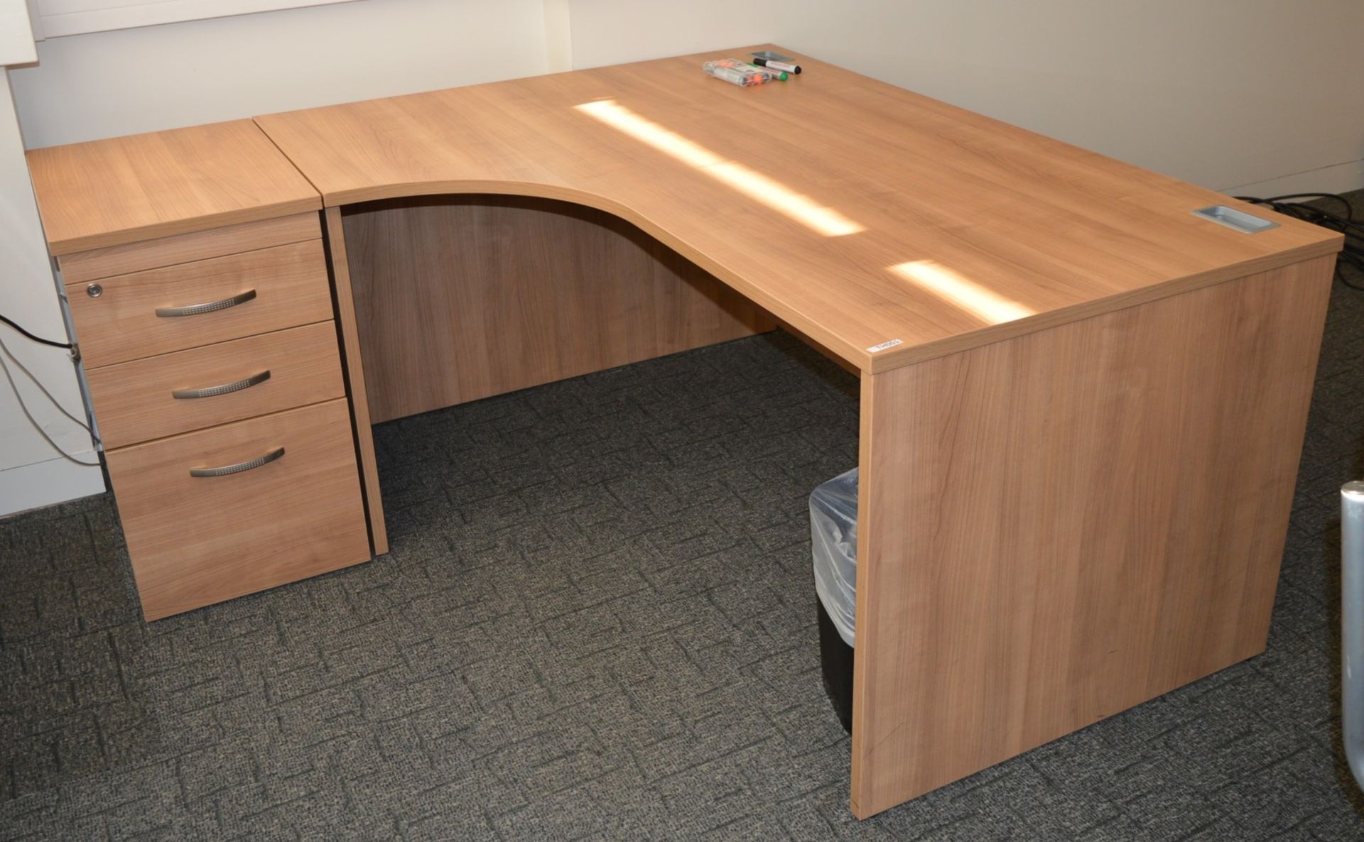 1 x Ergonomical Left Hand Office Desk With Three Drawer Pedestal - Modern Birch Finish - CL400 - Ref