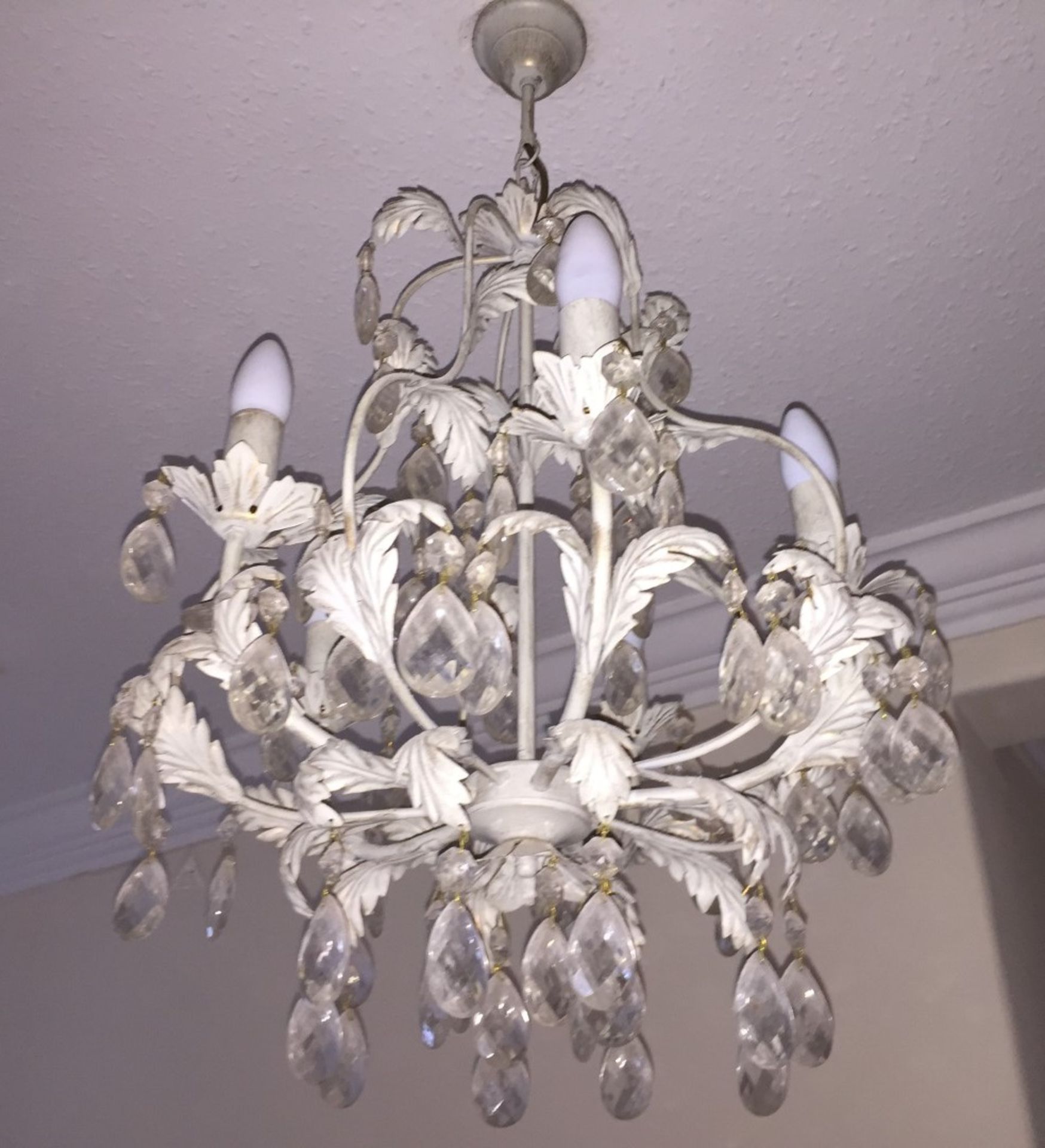 2 x Pendant Chandeliers - Both With Ornate Metal Leaf Design In Cream and Clear Droplet Detail - - Bild 2 aus 4
