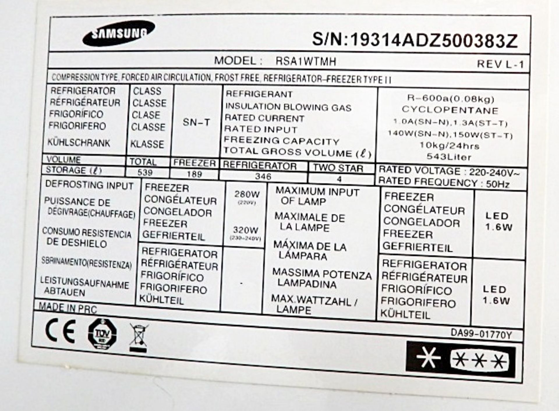 1 x Samsung American-Style (Side By Side) Fridge / Freezer RSA1WTMH - Dimensions: W91 x H178 x D73cm - Image 14 of 20