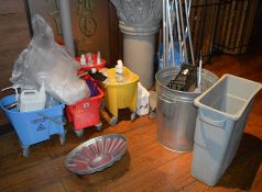 1 x Large Collection of Cleaning Equipment - Includes Mop Buckets, Metal Waste Bin, Brushes, Mop