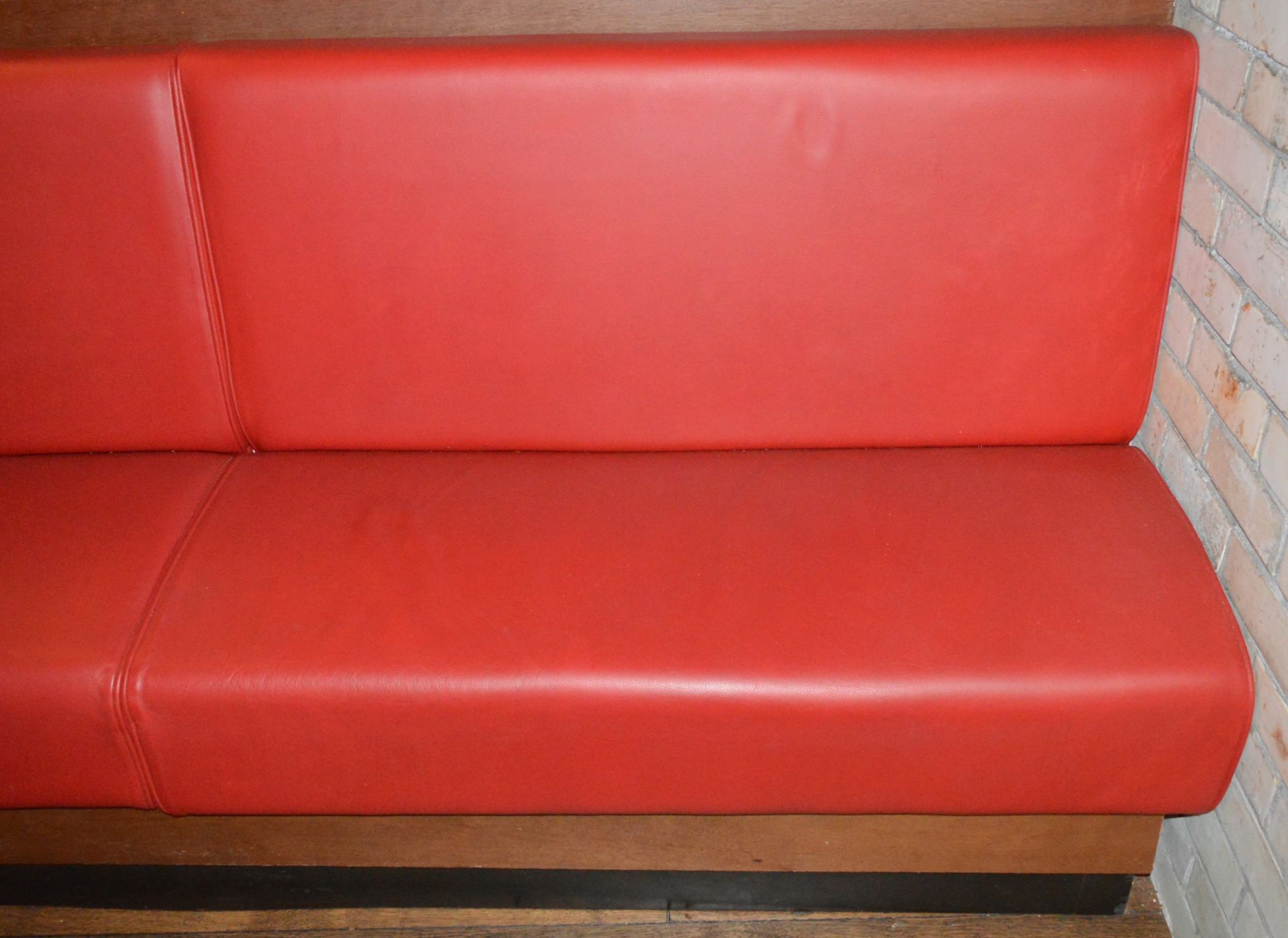 1 x High Back Seating Bench Upholstered in Red Leather With Oak Base and Surround - Image 3 of 5