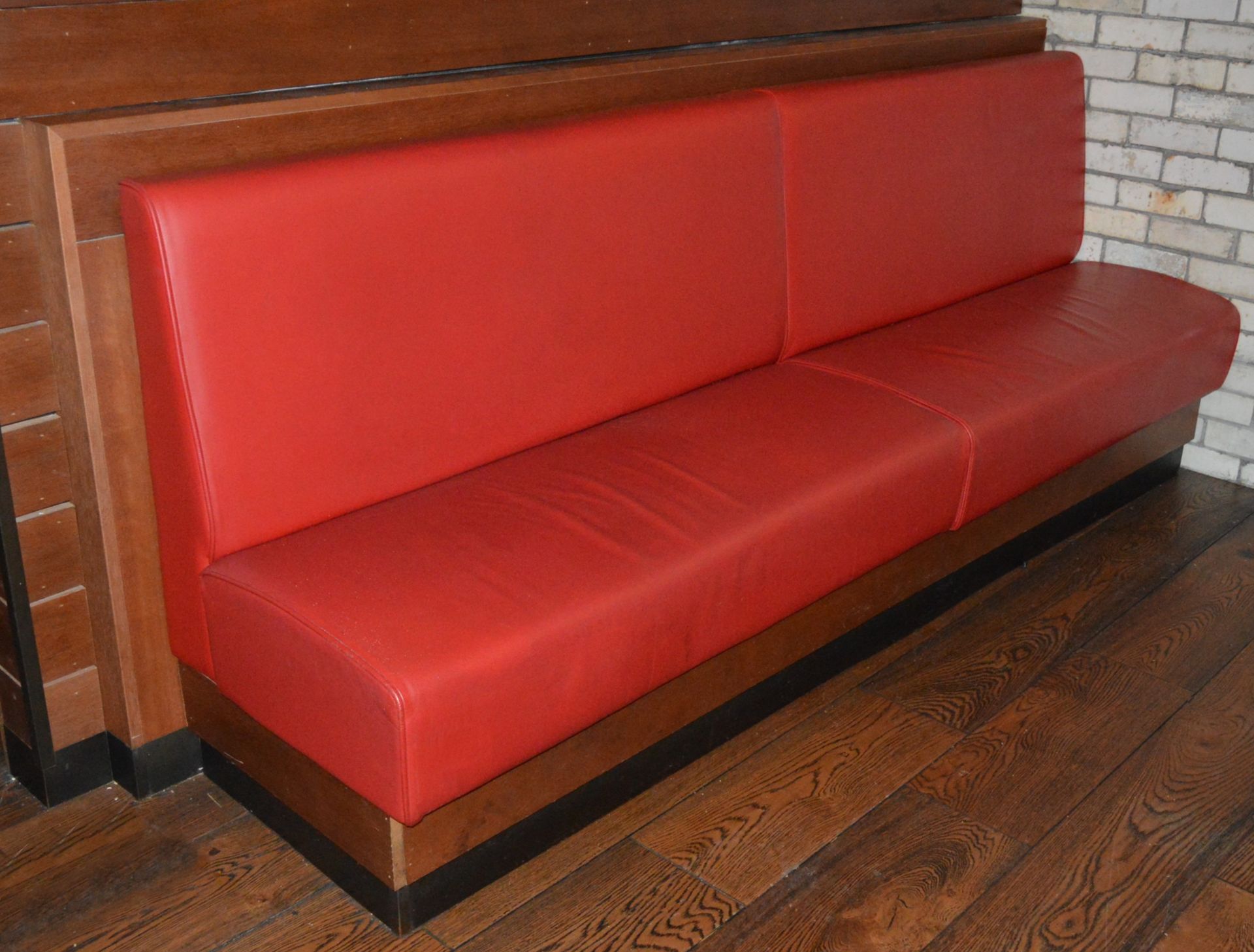 1 x High Back Seating Bench Upholstered in Red Leather With Oak Base and Surround