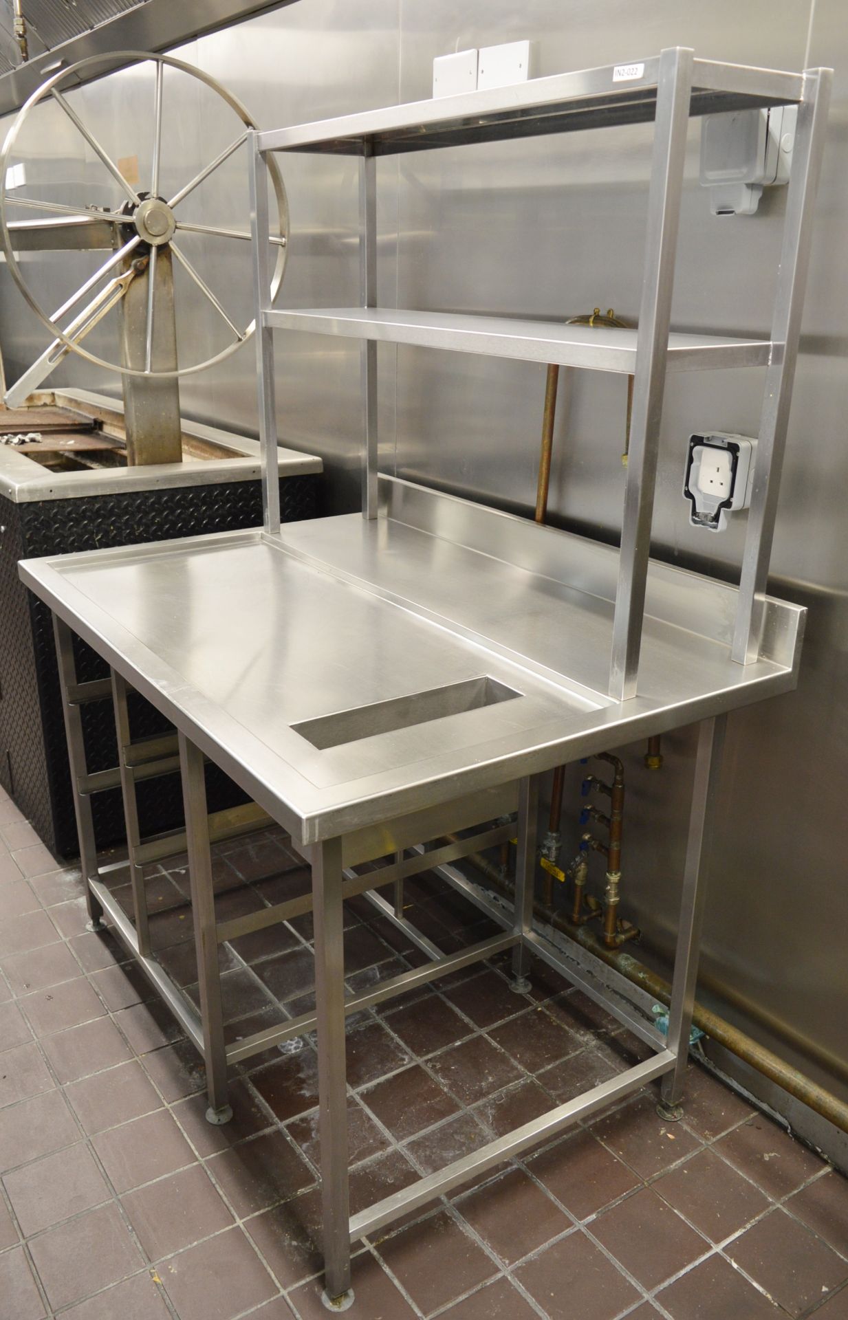 1 x Stainless Steel Prep Bench With Undercounter Shelves, Bin Chute and Overhead Shelves - H87/171 x
