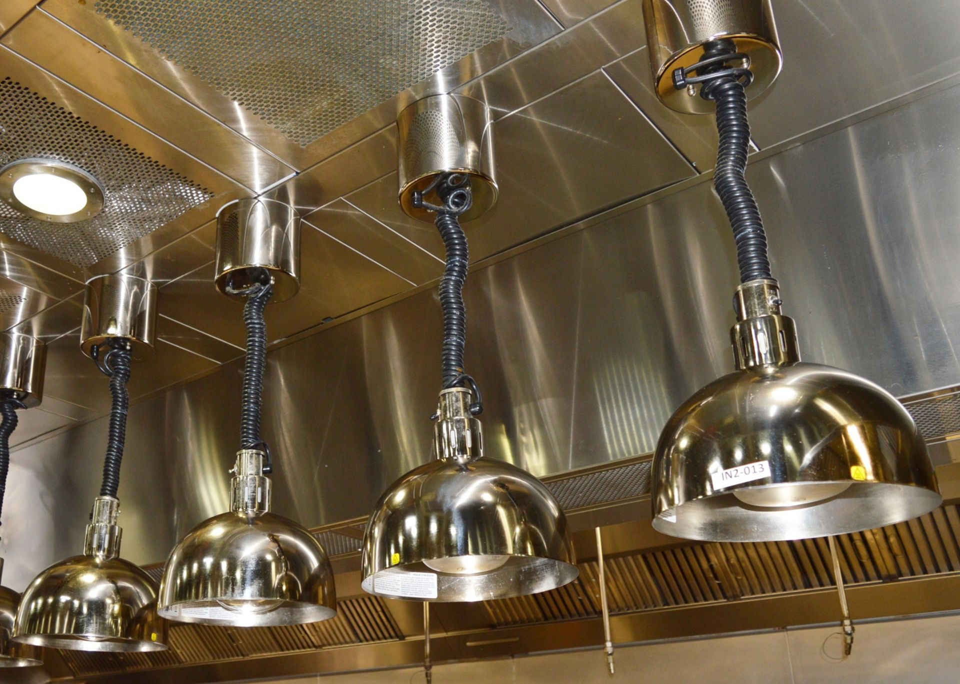 4 x Hatco DL-750-RL Hanging Retractable Heat Lamps in Bright Chrome - Keeps Food Warm at Kitchen