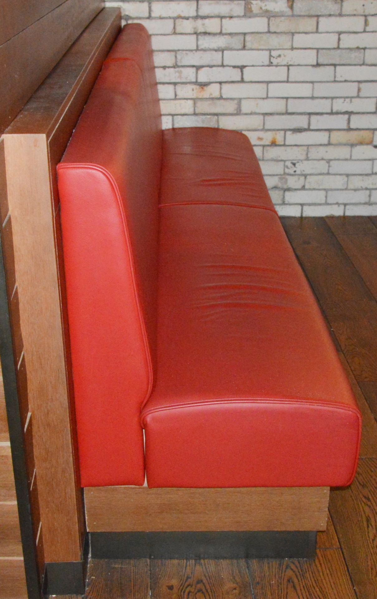 1 x High Back Seating Bench Upholstered in Red Leather With Oak Base and Surround - Image 2 of 5