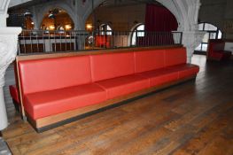 1 x Back to Back Double Seating Bench Upholstered in Red Leather With Oak Base and Surround