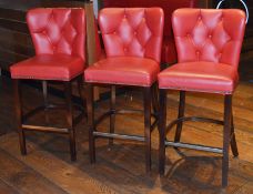 3 x Buttoned Back Bar Stools With Red Leather Upholstery, Antiqued Brass Nailhead Trim, Hard Wood