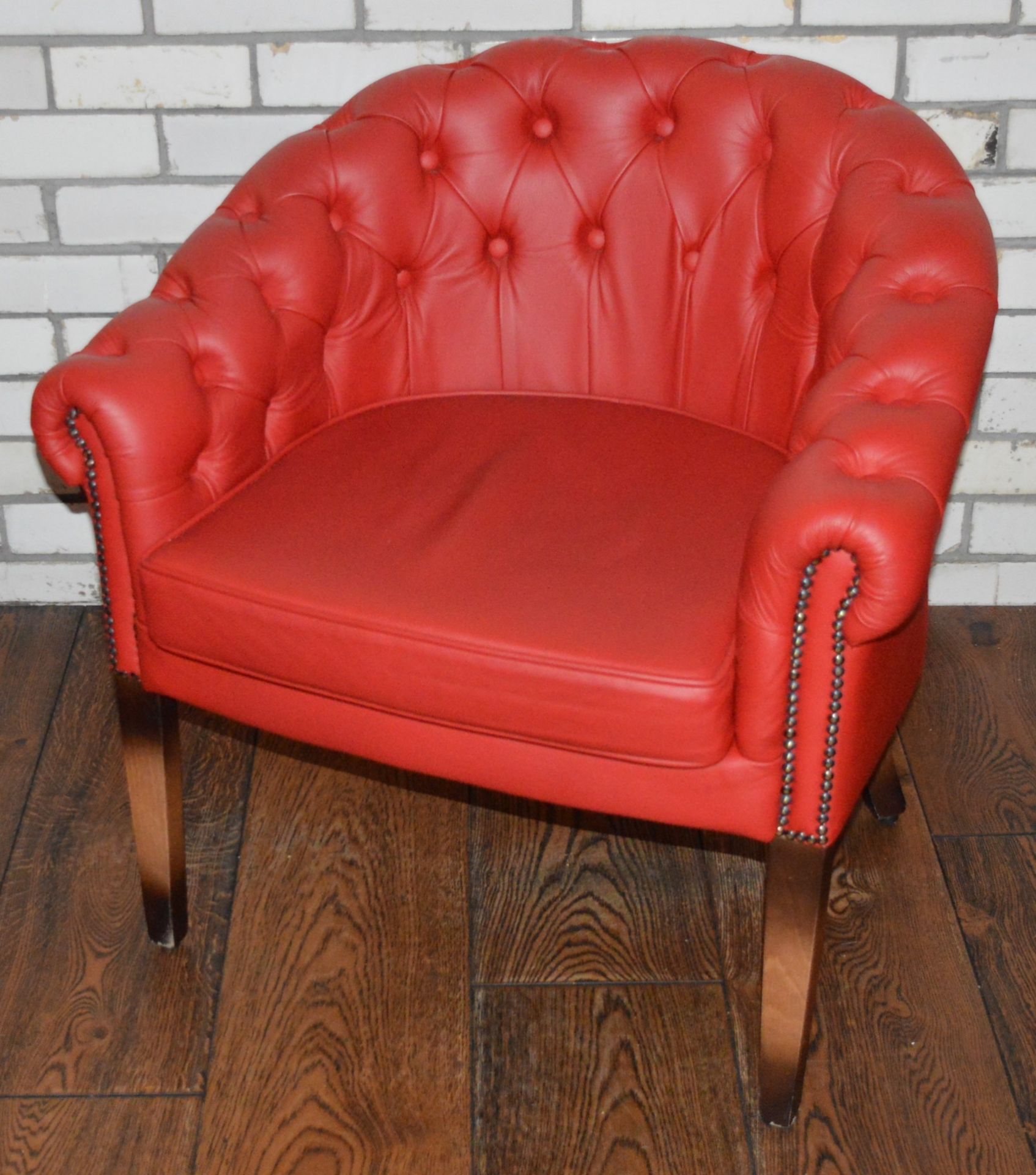 1 x Chesterfield Style Buttoned Back Red Leather Tub Chair With Hardwood Legs Finished in an