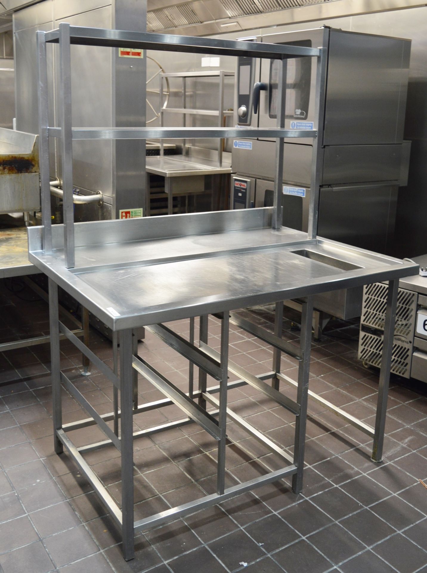 1 x Stainless Steel Prep Bench With Undercounter Shelves, Bin Chute and Overhead Shelves - H87/171 x