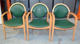 3 x Matching Wooden Chairs Upholstered Green Faux Leather - Dimensions: W57.5 x D50 x H86 x SH46cm -