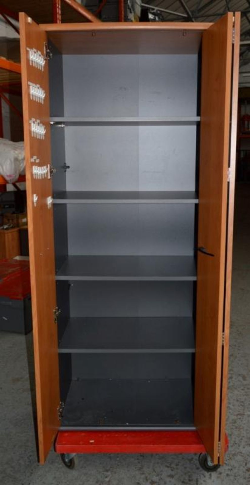 1 x Tall Upright Office Storage Cabinet - Dark Grey Unit With Cherry Wood Folding Doors - Five Tier - Image 3 of 3