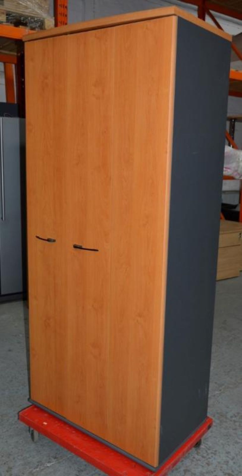 1 x Tall Upright Office Storage Cabinet - Dark Grey Unit With Cherry Wood Folding Doors - Five Tier - Image 2 of 3