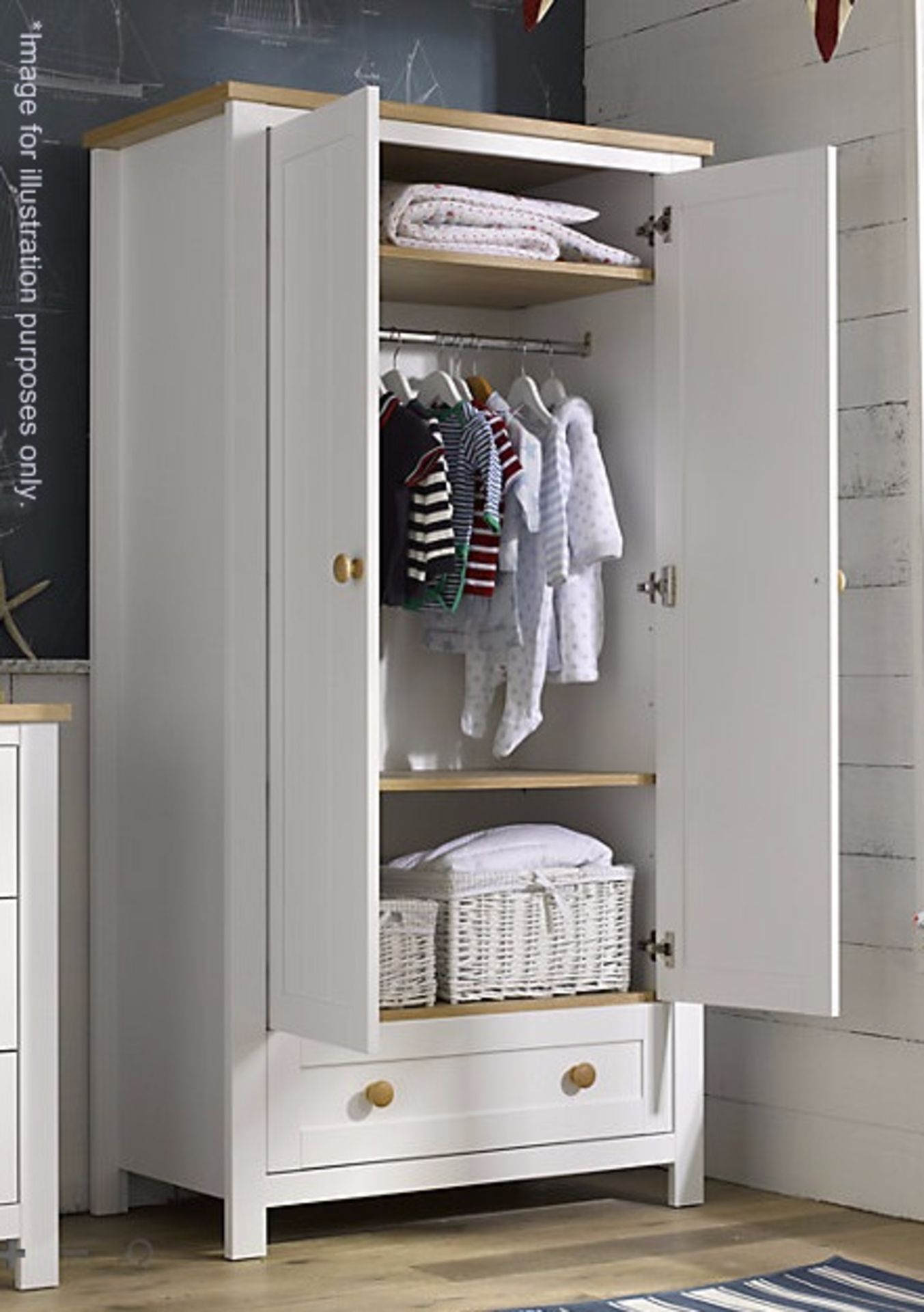 1 x Mothercare Lulworth Wardrobe In Classic White With Oak Effect Details - 52 x 93 x 180cm -