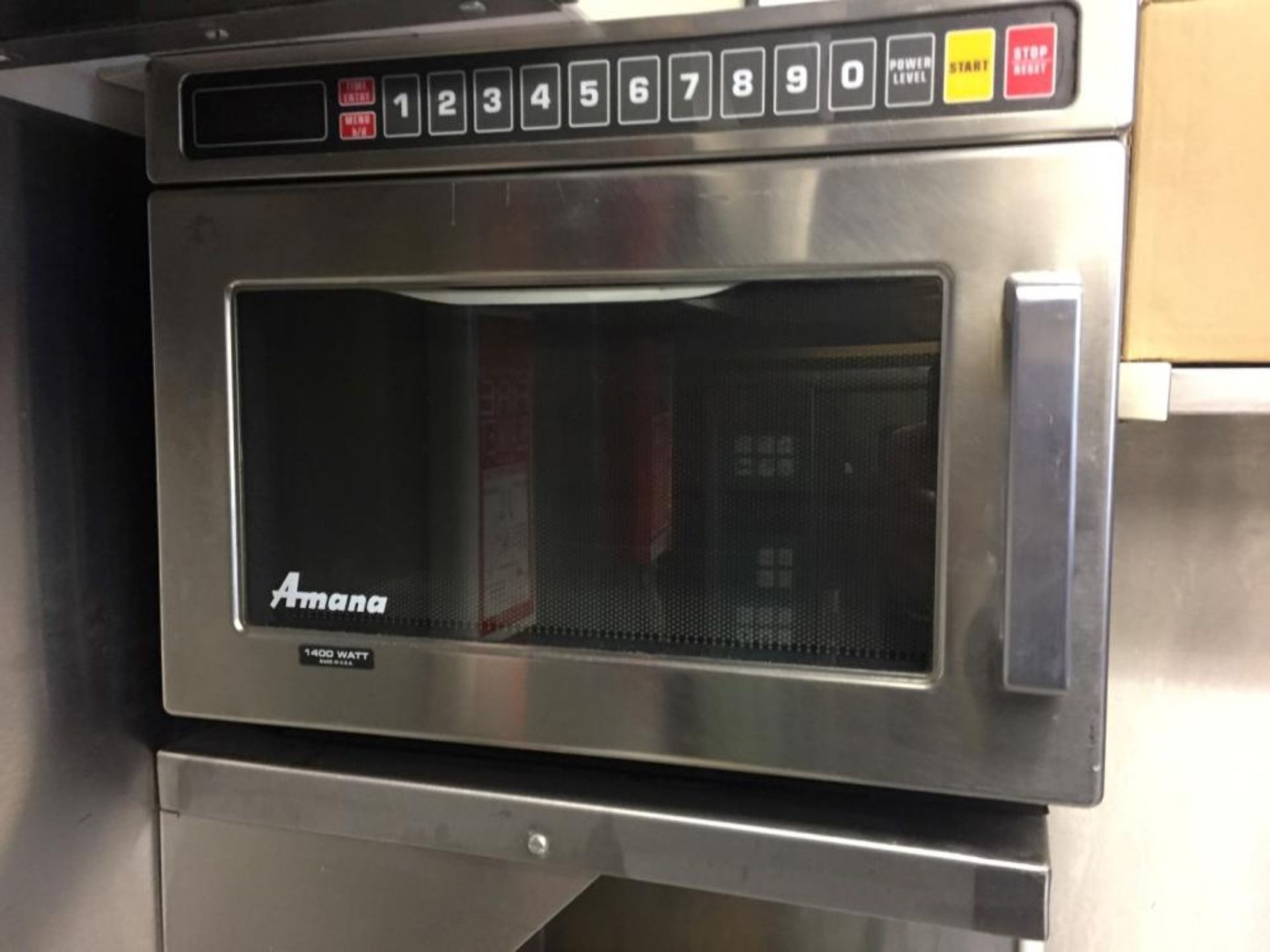 1 x AMANA Commercial 1400 Watt Microwave Oven - Stainless Steel - Dimensions: W42 x D50 x H34cm - Ma