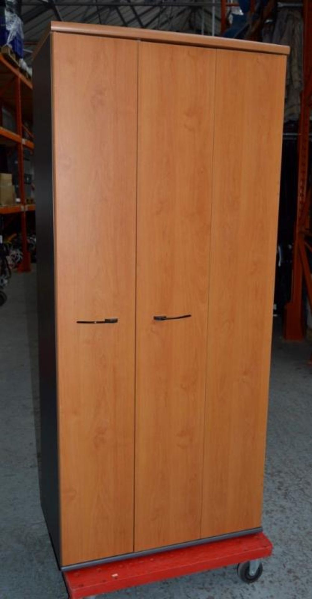 1 x Tall Upright Office Storage Cabinet - Dark Grey Unit With Cherry Wood Folding Doors - Five Tier