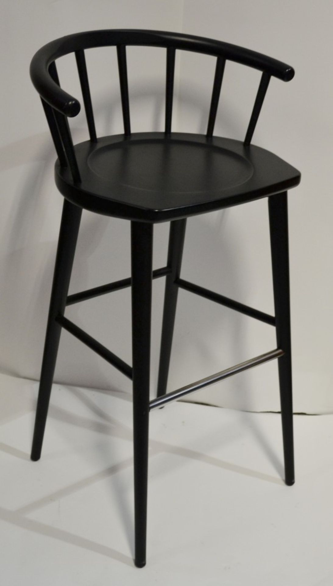 4 x Curved Spindleback Wooden Bar Stools With Shaped Seats, Chrome Footrests and Dark Finish -