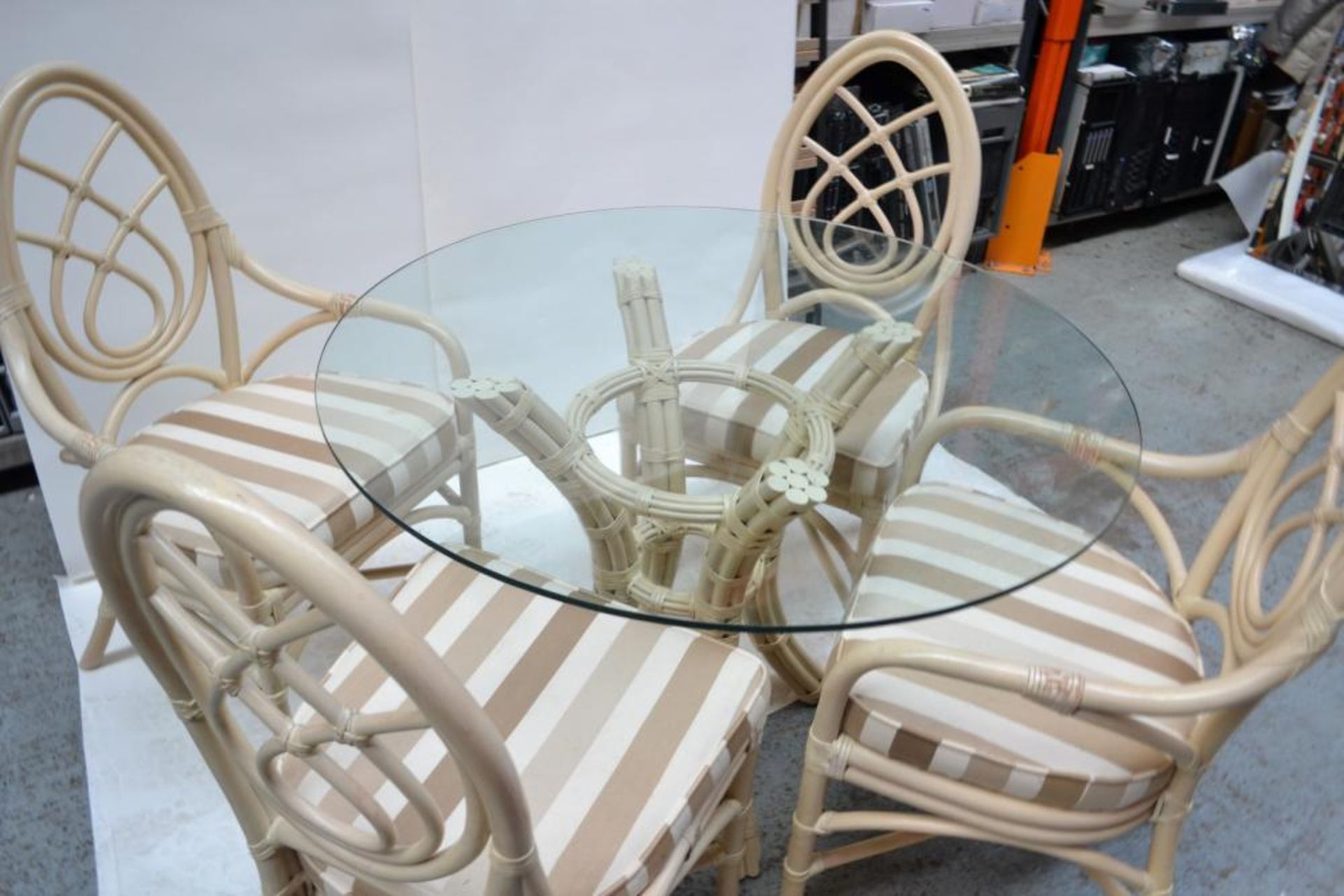 Glass Topped Cane Table with 4 Chairs - Pre-owned In Good Condition - AE010 - CL007 - Location: - Image 4 of 13