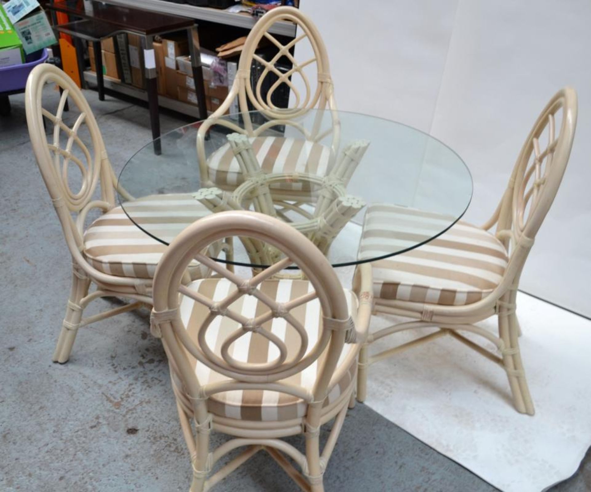Glass Topped Cane Table with 4 Chairs - Pre-owned In Good Condition - AE010 - CL007 - Location: - Image 5 of 13