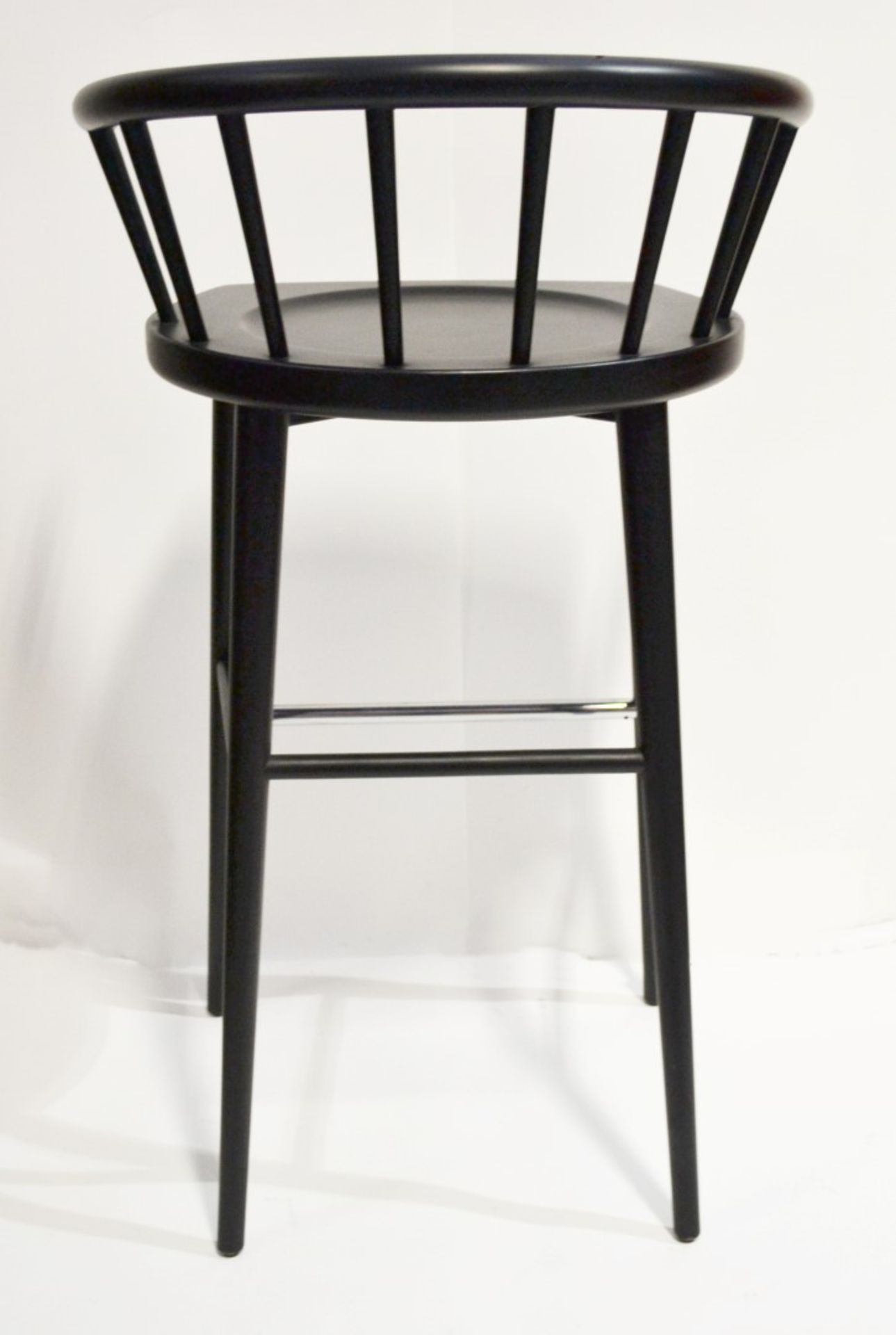 4 x Curved Spindleback Wooden Bar Stools With Shaped Seats, Chrome Footrests and Dark Finish - - Image 5 of 6