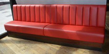 1 x High Back Seating Bench Upholstered in Red Leather With Wooden Base and Kickboard - Ideal For