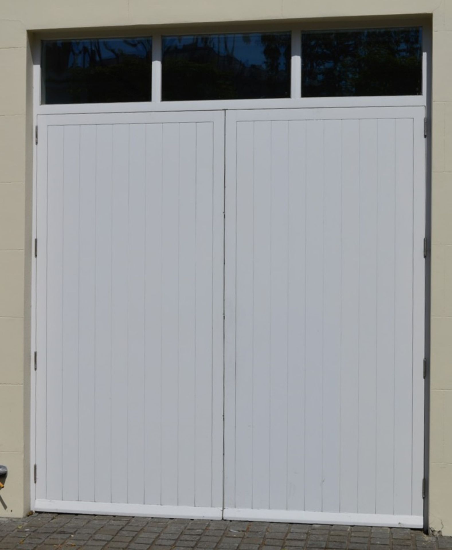 1 x Set of Wooden Garage Doors With Windowed Frame - Ref 117 - Includes Door Lock and Hinges -