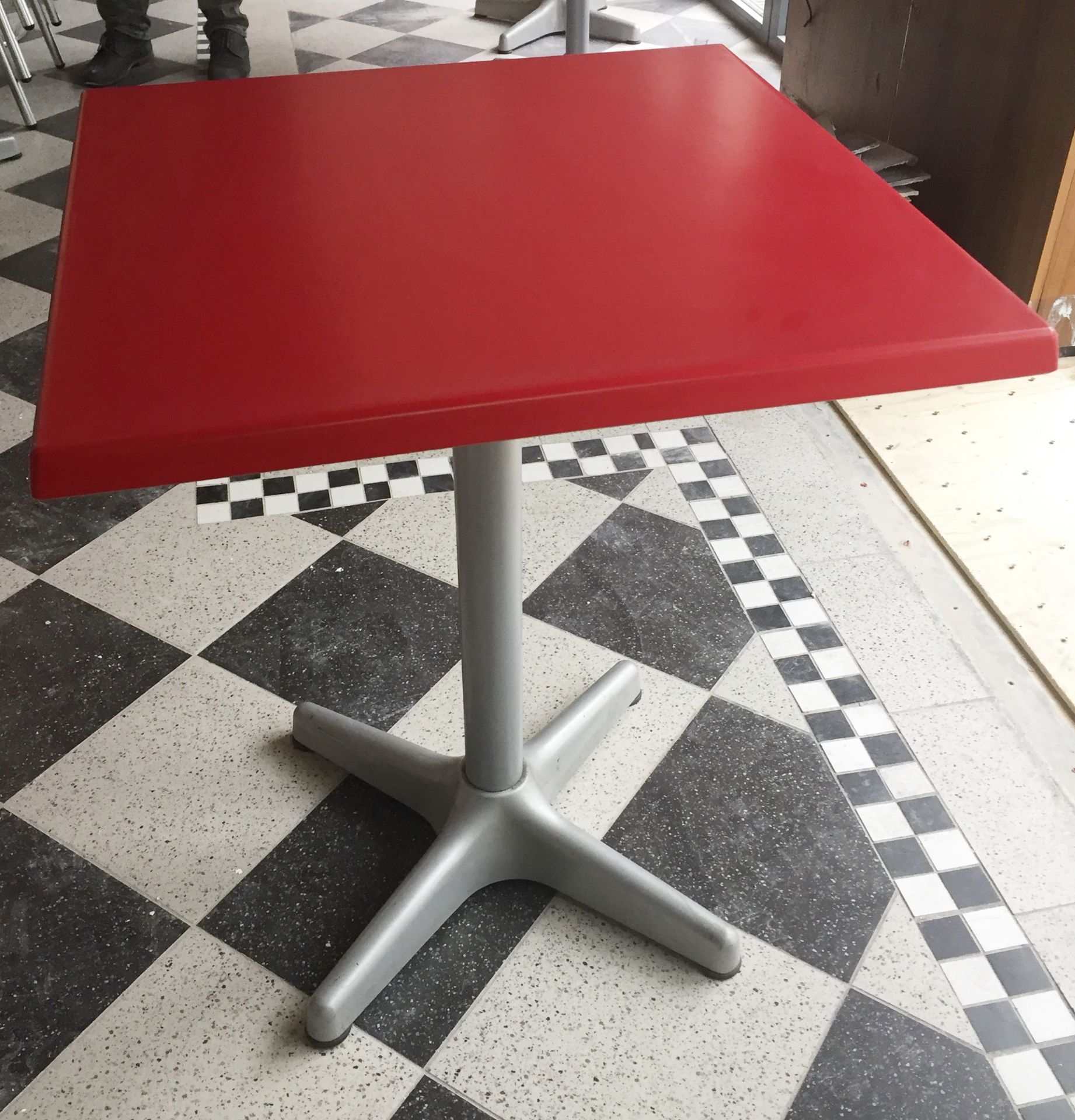 3 x Retro Square Bistro Tables - Red Tops With Silver Bases - CL235 - Location: London N1 These