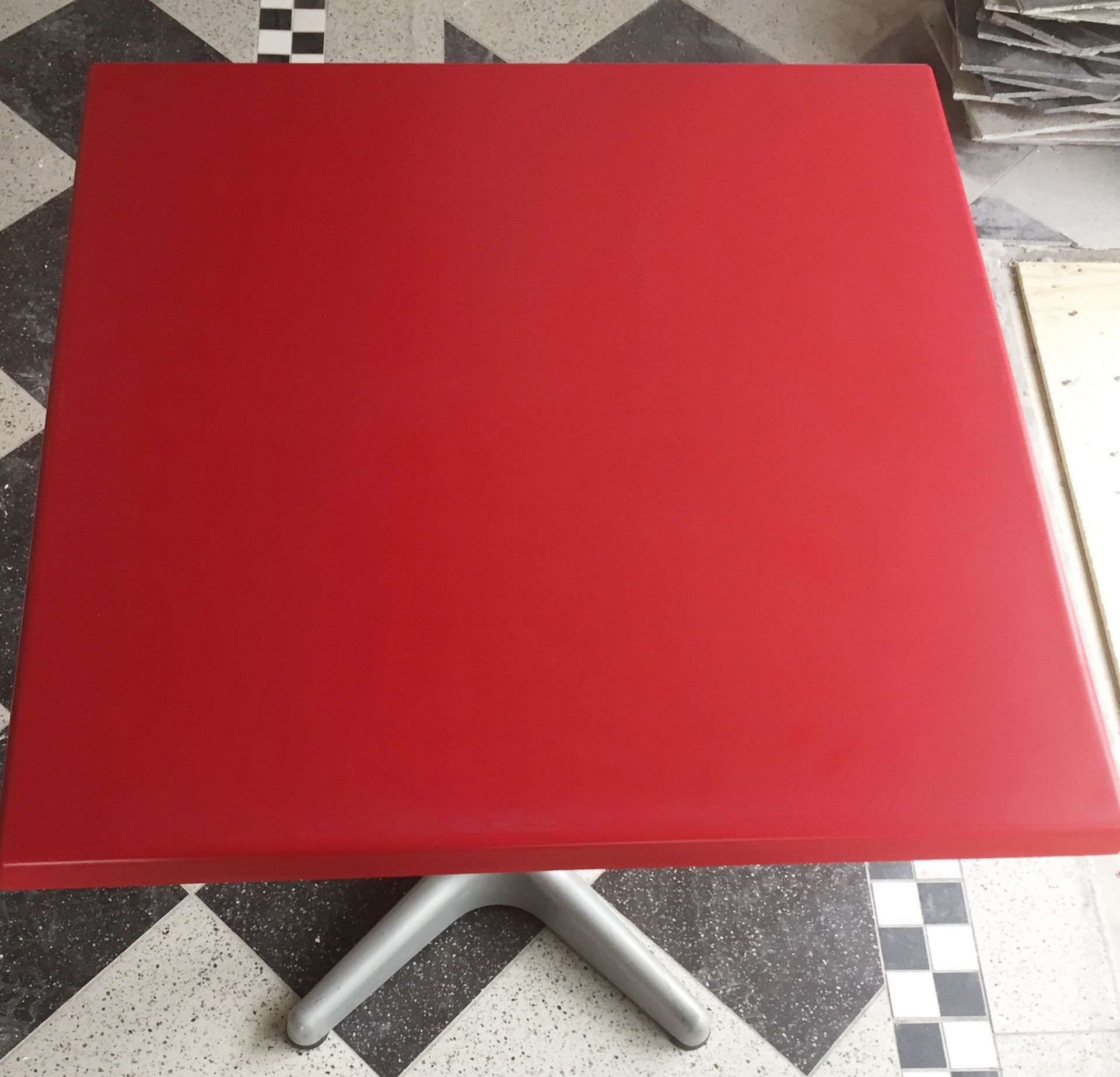 3 x Retro Square Bistro Tables - Red Tops With Silver Bases - CL235 - Location: London N1 These - Image 2 of 4