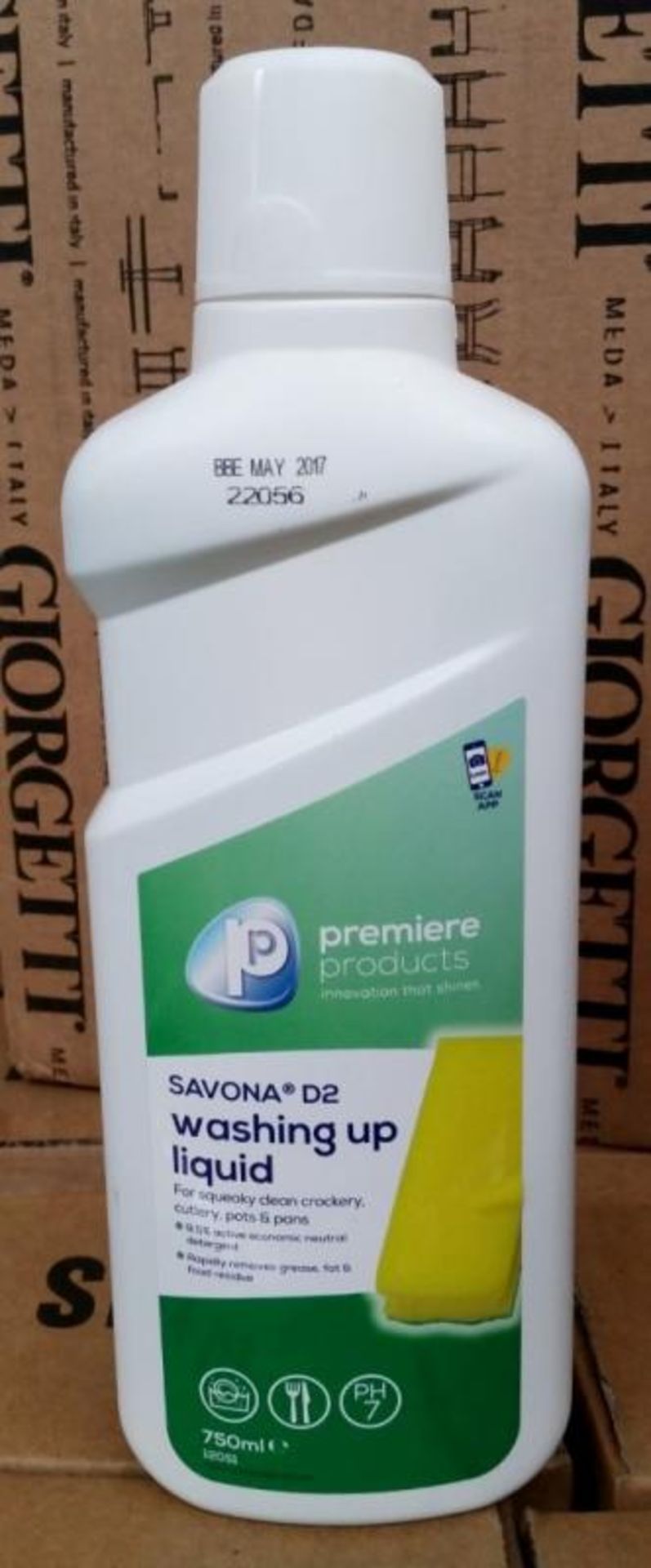 60 x Premiere Products 750ml Savona D2 Washing Up Liquid - For Squeaky Clean Crockery, Cutlery, Pots