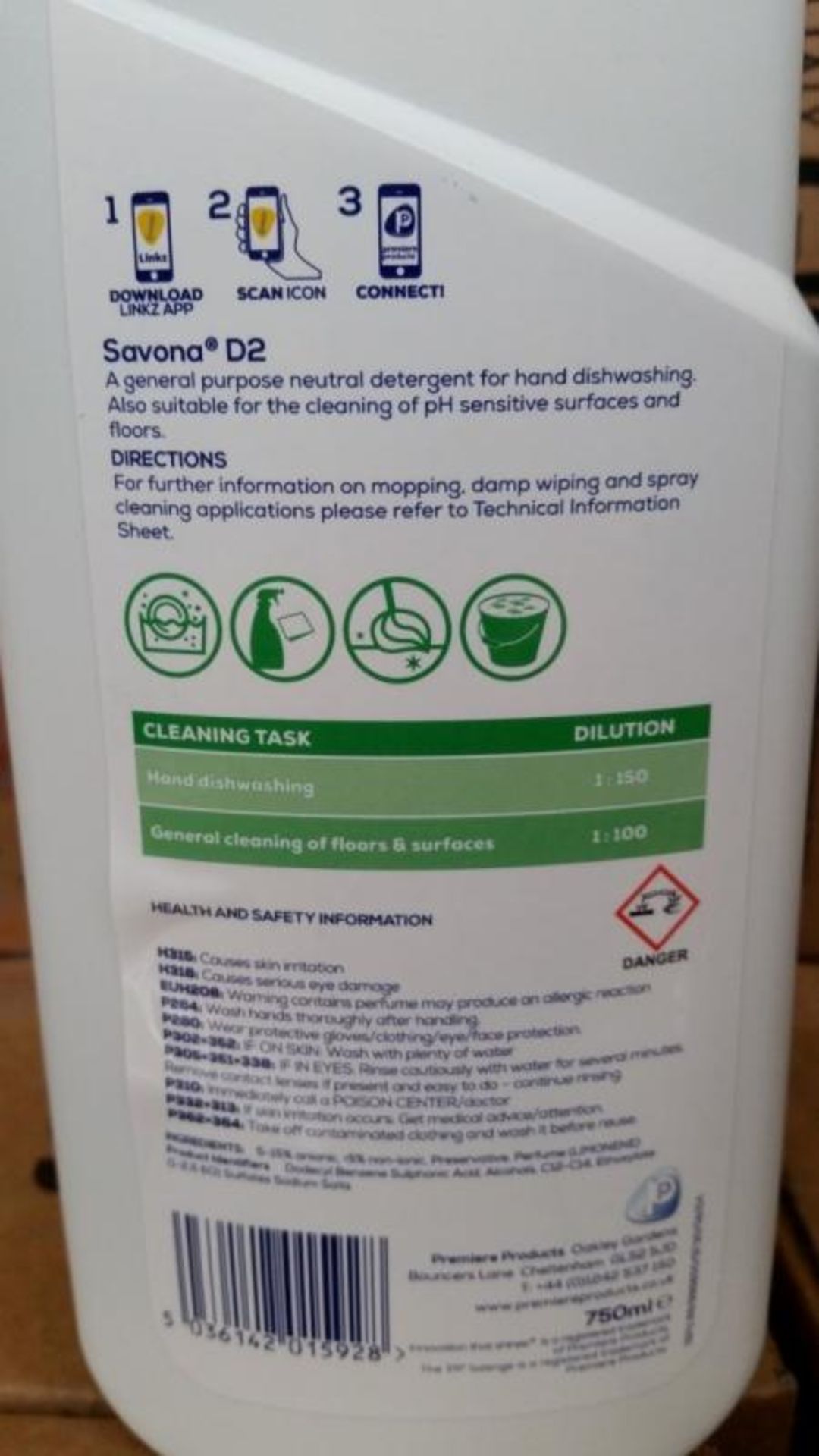 12 x Premiere Products 750ml Savona D2 Washing Up Liquid - For Squeaky Clean Crockery, Cutlery, Pots - Image 2 of 6