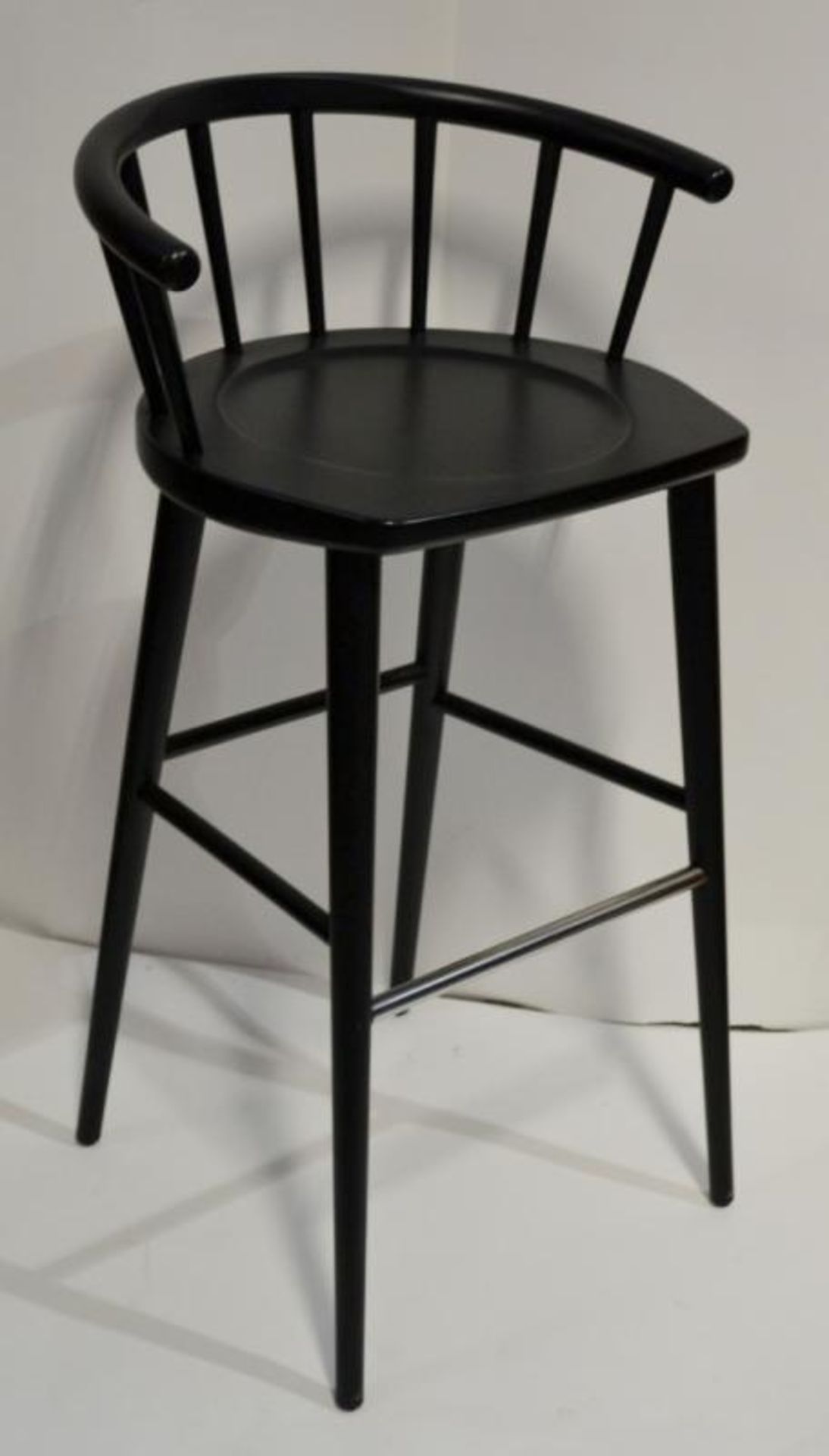 4 x Curved Spindleback Wooden Bar Stools With Shaped Seats, Chrome Footrests and Dark Finish - Dimen