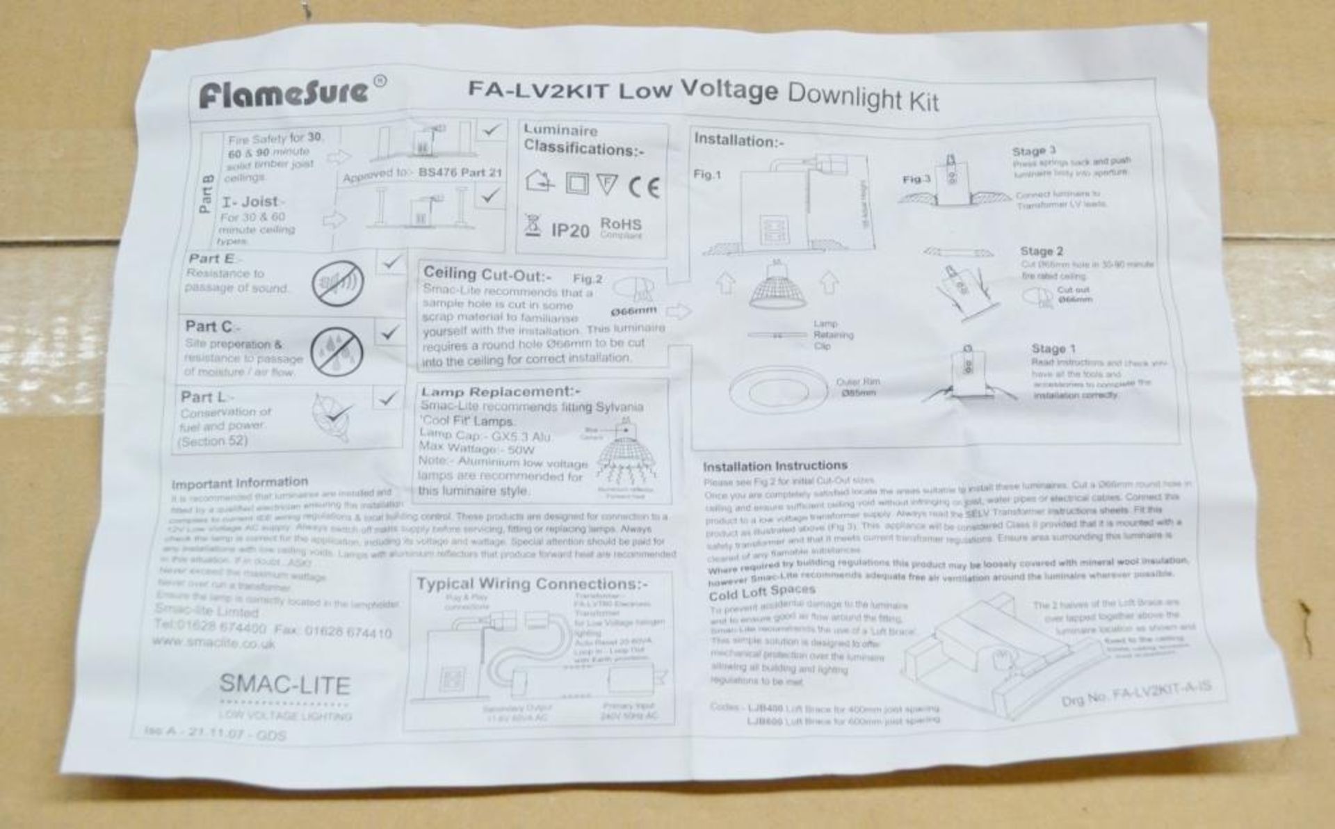 10 x Smac-lite FLAMESURE Low Voltage Fire Rated Downlight Kits - Model: FA-LV2KIT - IP20 - Includes - Image 8 of 9