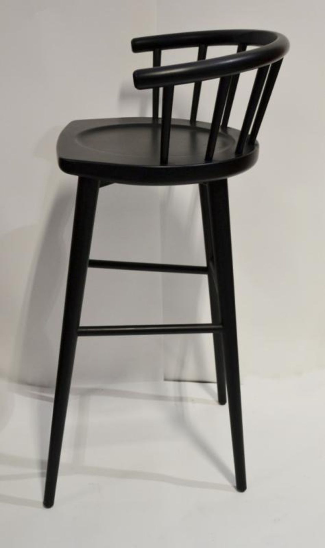 4 x Curved Spindleback Wooden Bar Stools With Shaped Seats, Chrome Footrests and Dark Finish - Dimen - Image 5 of 6