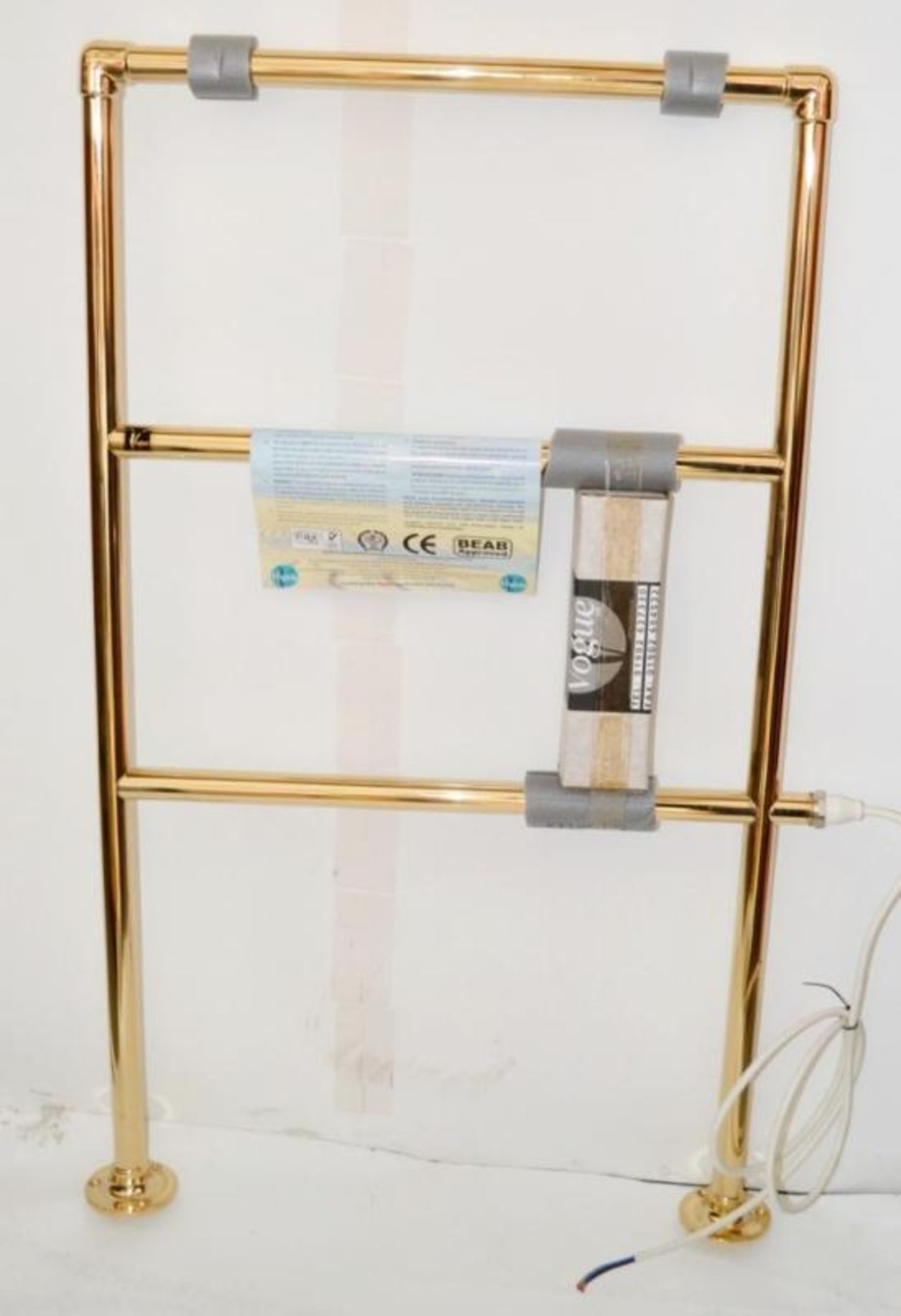 1 x Vogue Electric Heated Towel Rail - New / Boxed Stock - Bright Brass Finish - Dimensions: 52 x 92