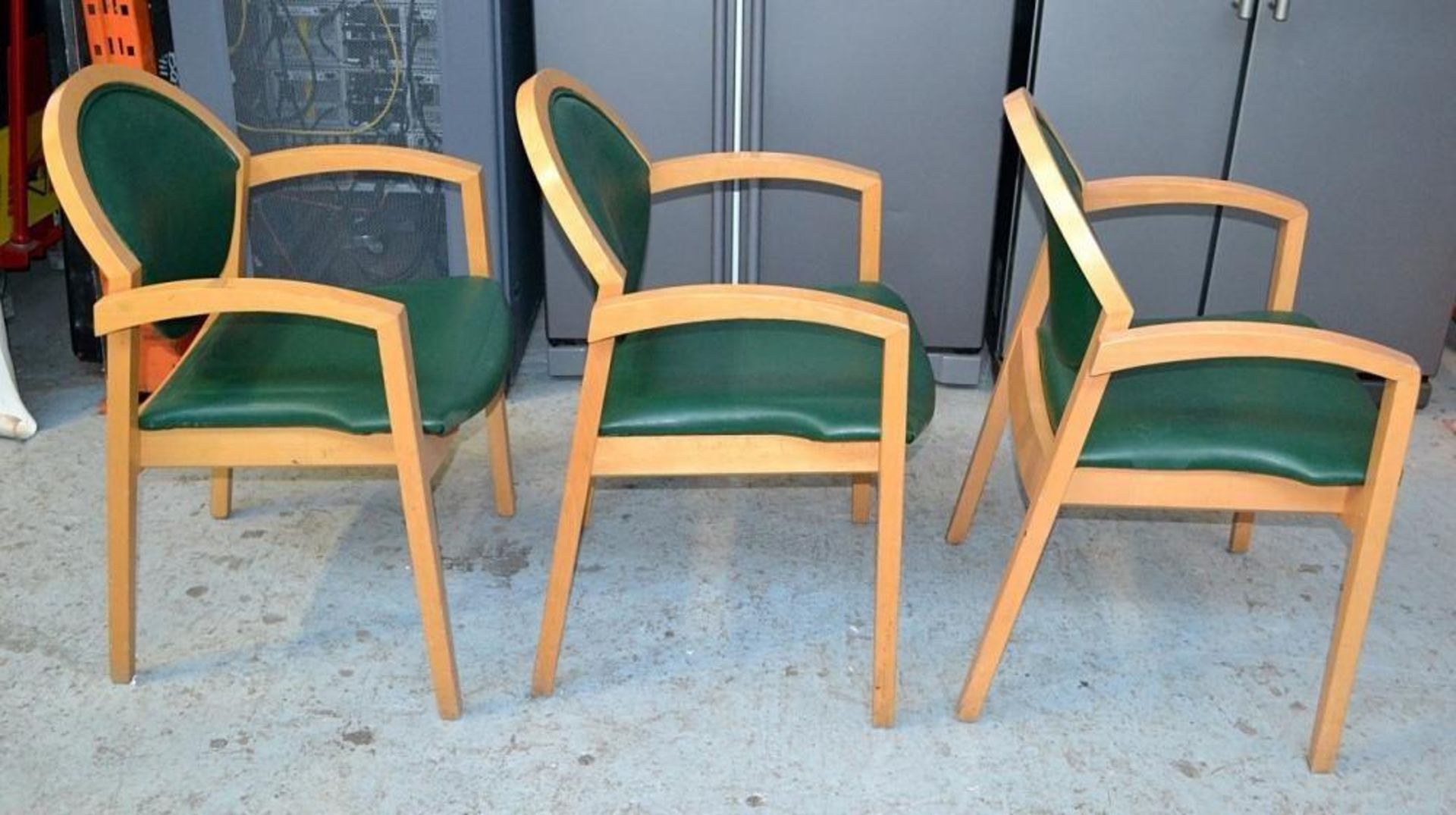 3 x Matching Wooden Chairs Upholstered Green Faux Leather - Dimensions: W57.5 x D50 x H86 x SH46cm - - Image 2 of 8