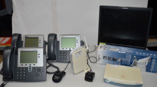 1 x Assorted Collection of Computer Parts and Phone Handsets - Includes Routers, Monitor, Cisco