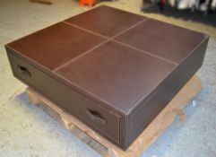 1 x Large Brown Leather Upholstered Coffee Table With 2-Drawer Storage - Dimensions: 120 x 120 x