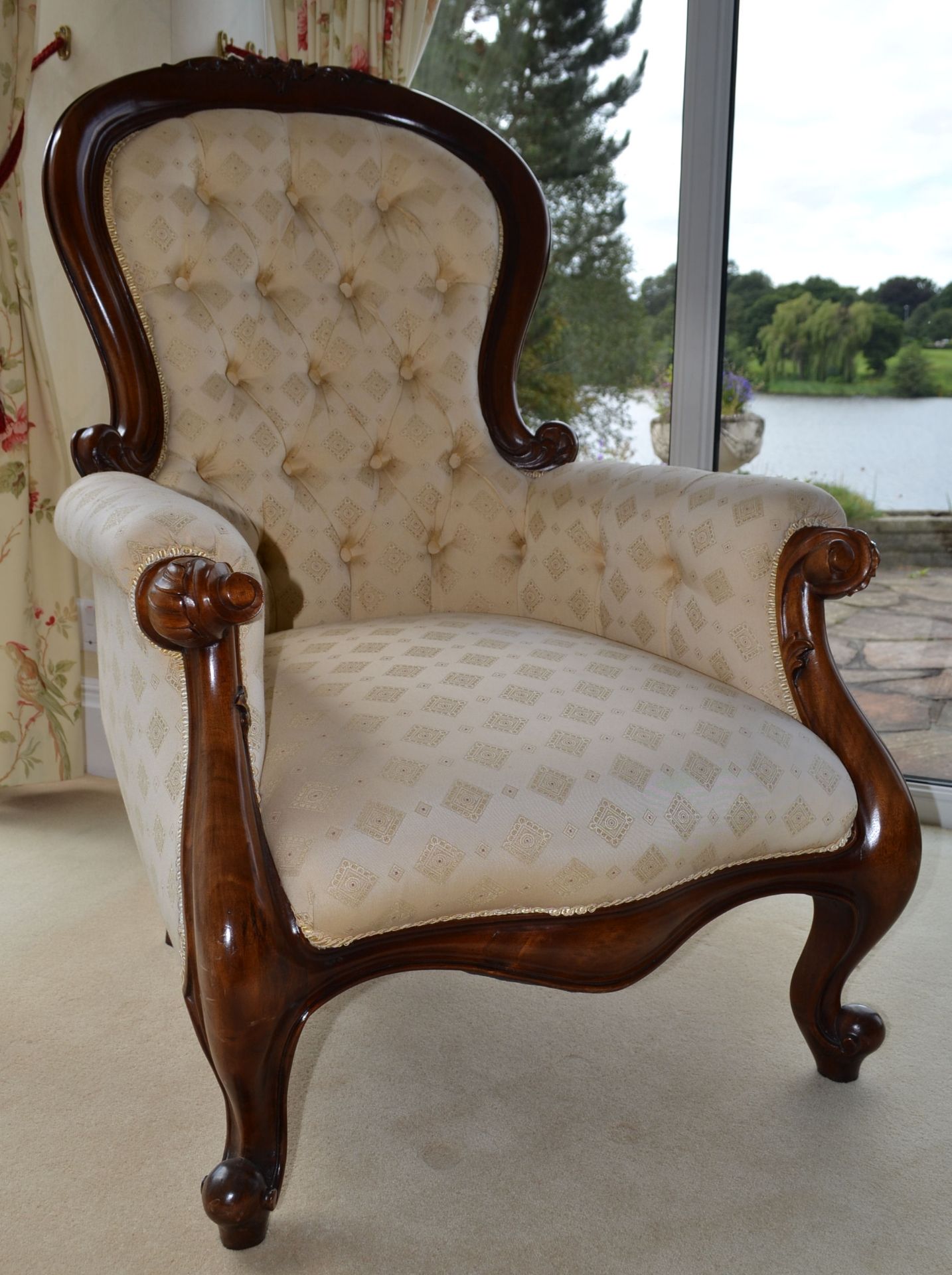 1 x Victorian Style Queen Anne Chair With Ball & Claw Feet and Studded Back - Beautifully