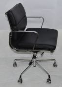 1 x Eames EA217 Office Swivel Chair - Stylish Design From 1969 - Black Aniline Leather and Chrome