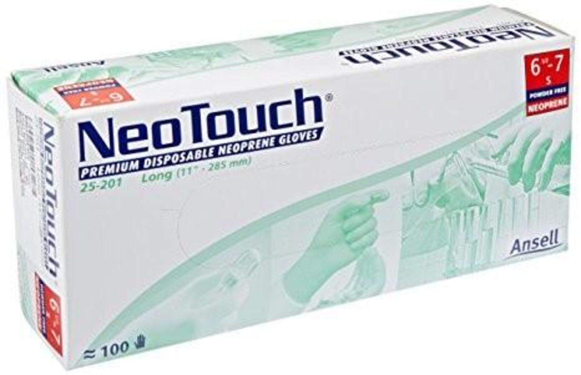 2 x Boxes of Ansell Neotouch Premium Disposable Long 11" 290mm Neoprene Gloves - Size 6.5-7 (S) -