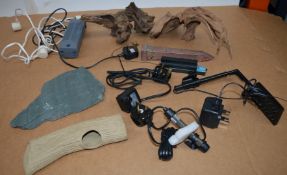 1 x Collection of Fish Tank Accessories - Includes Bog Wood, Slate, Heater, Light Starter, Pump,