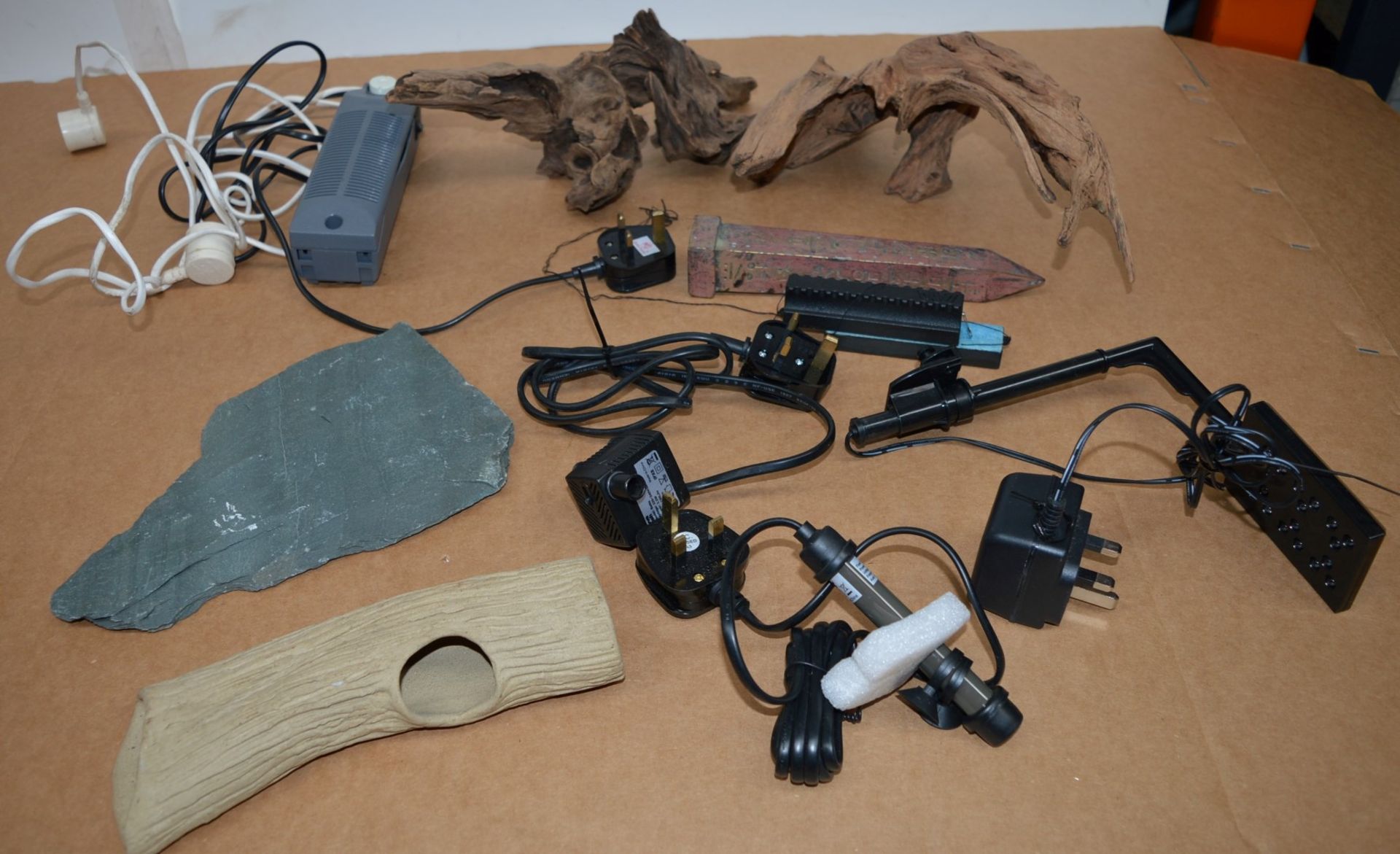 1 x Collection of Fish Tank Accessories - Includes Bog Wood, Slate, Heater, Light Starter, Pump,