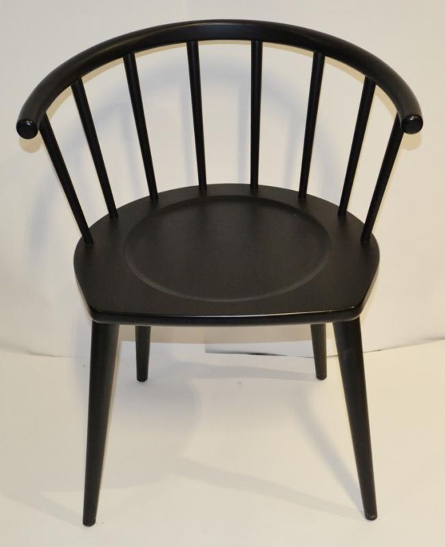 4 x Curved Spindleback Wooden Dining Chairs With Shaped Seats and Dark Finish - Dimensions: H73 x - Image 3 of 6