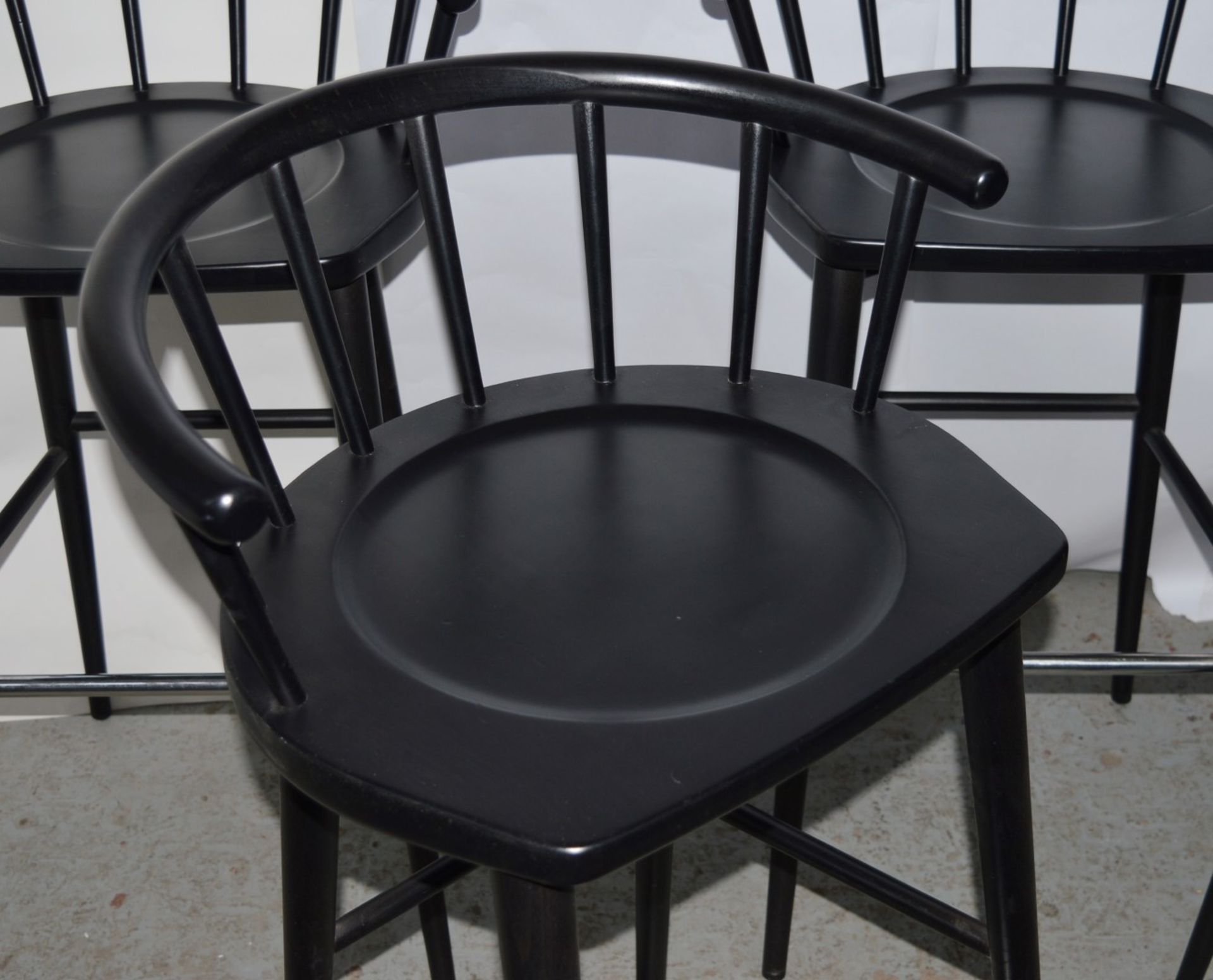 4 x Curved Spindleback Wooden Bar Stools With Shaped Seats and Dark Finish - Dimensions: H73 x W59 x - Image 3 of 10