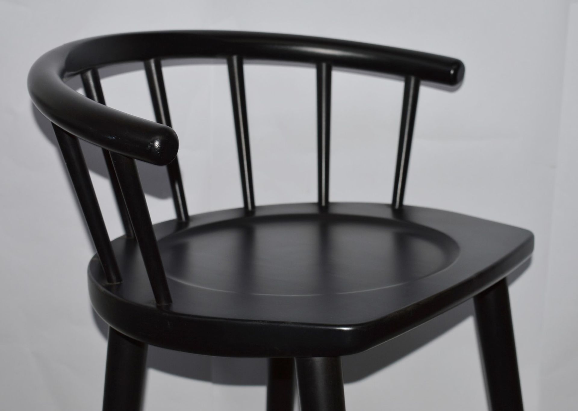 4 x Curved Spindleback Wooden Bar Stools With Shaped Seats and Dark Finish - Dimensions: H73 x W59 x - Image 9 of 10